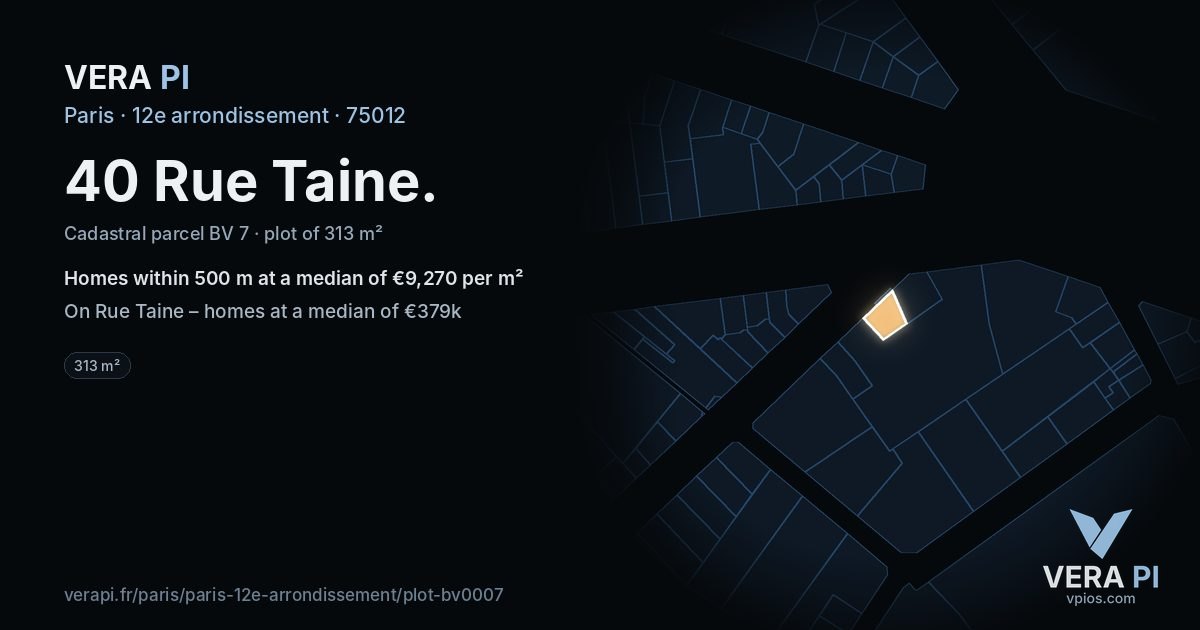 40 Rue Taine, 12e arrondissement at night – the plot lit, the parcels around coloured by the prices near them