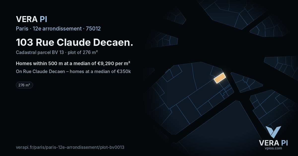 103 Rue Claude Decaen, 12e arrondissement at night – the plot lit, the parcels around coloured by the prices near them