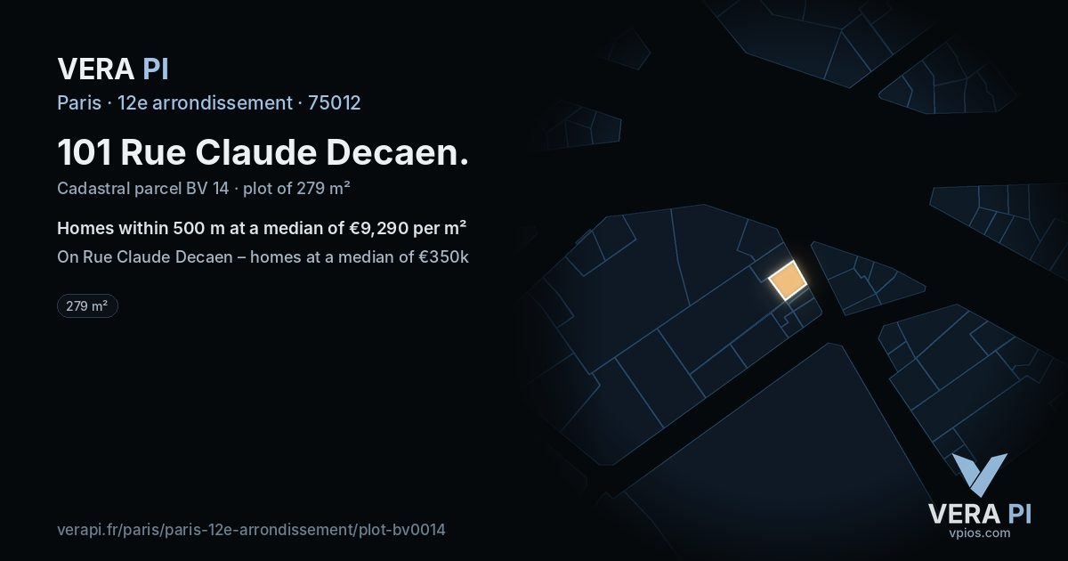 101 Rue Claude Decaen, 12e arrondissement at night – the plot lit, the parcels around coloured by the prices near them