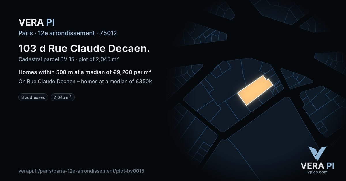 103 d Rue Claude Decaen, 12e arrondissement at night – the plot lit, the parcels around coloured by the prices near them