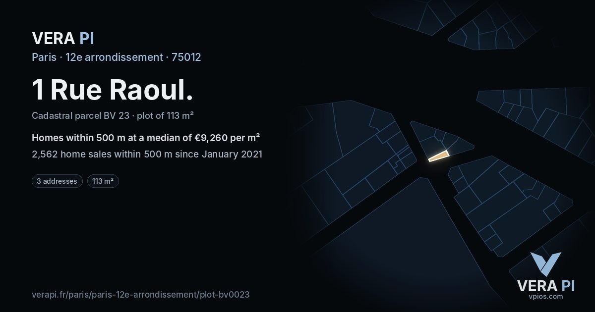 1 Rue Raoul, 12e arrondissement at night – the plot lit, the parcels around coloured by the prices near them