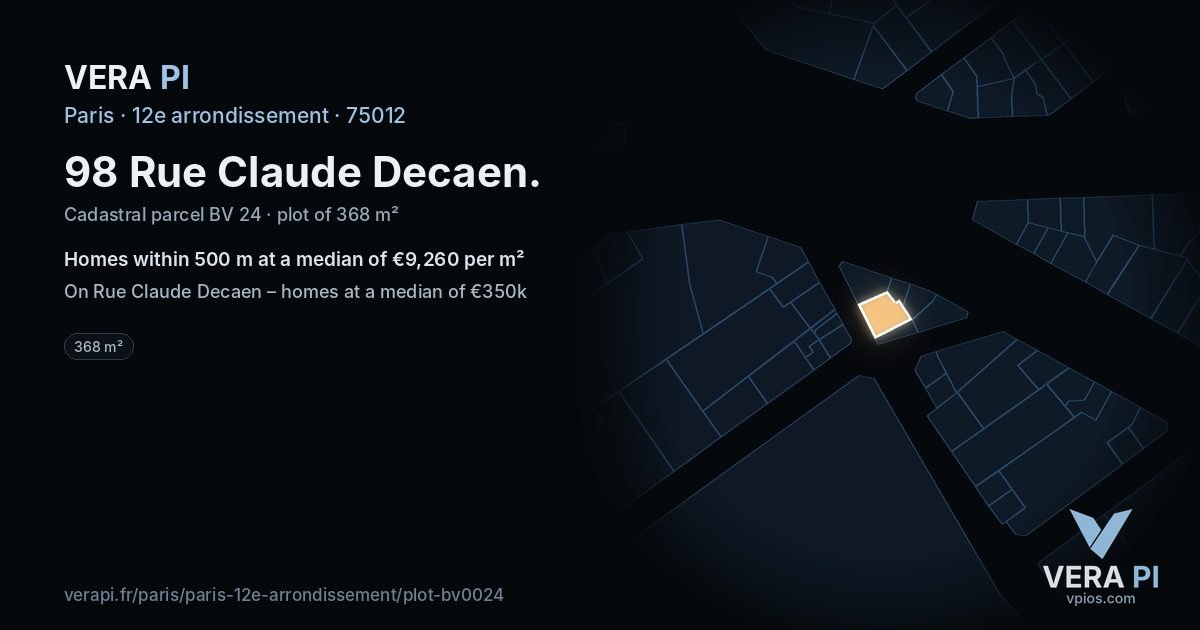 98 Rue Claude Decaen, 12e arrondissement at night – the plot lit, the parcels around coloured by the prices near them