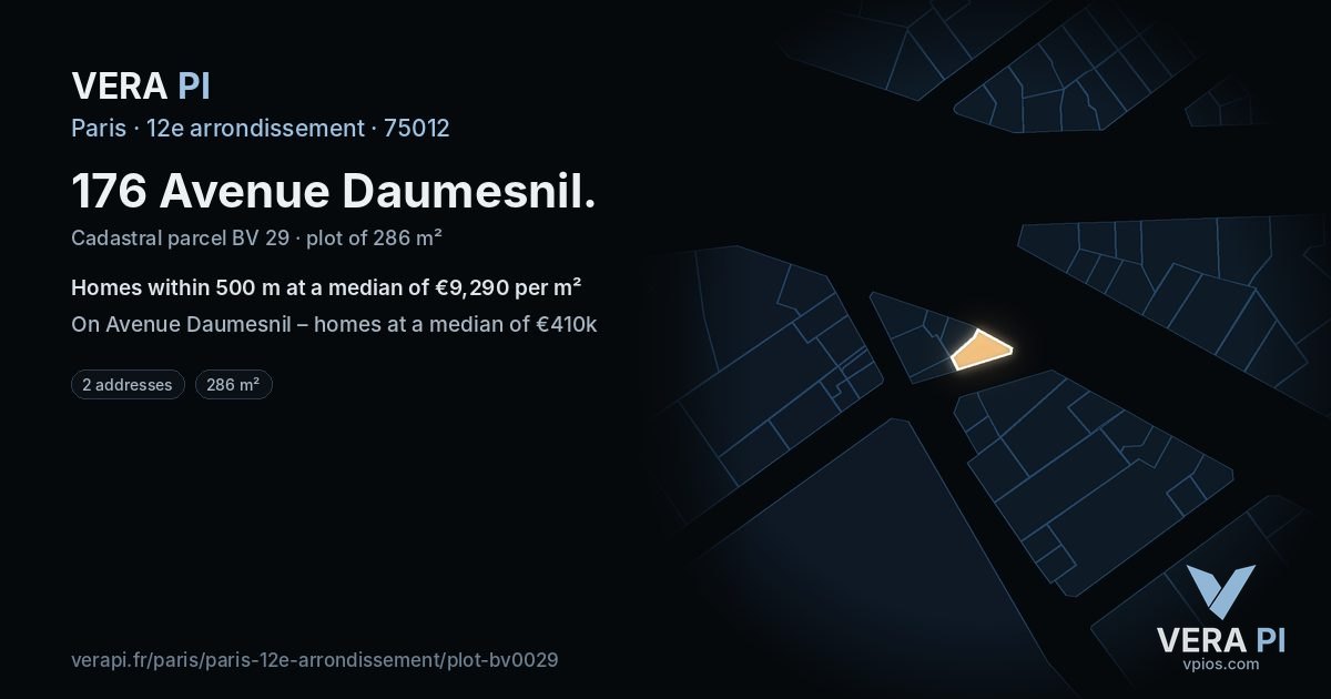 176 Avenue Daumesnil, 12e arrondissement at night – the plot lit, the parcels around coloured by the prices near them