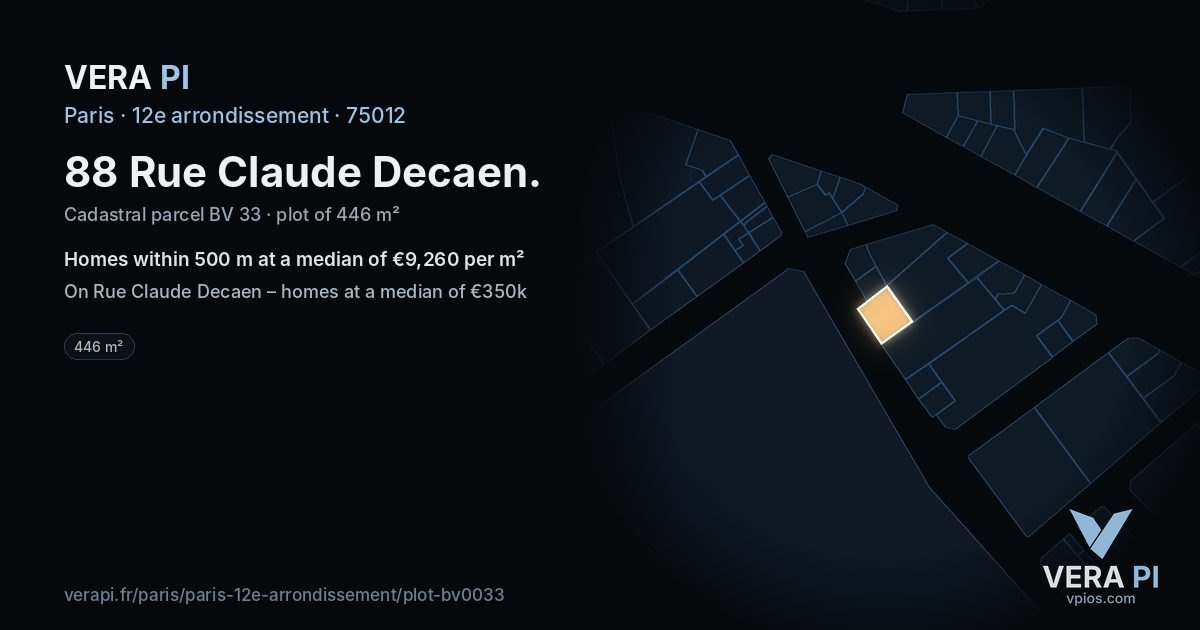 88 Rue Claude Decaen, 12e arrondissement at night – the plot lit, the parcels around coloured by the prices near them