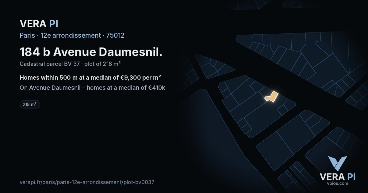 184 b Avenue Daumesnil, 12e arrondissement at night – the plot lit, the parcels around coloured by the prices near them