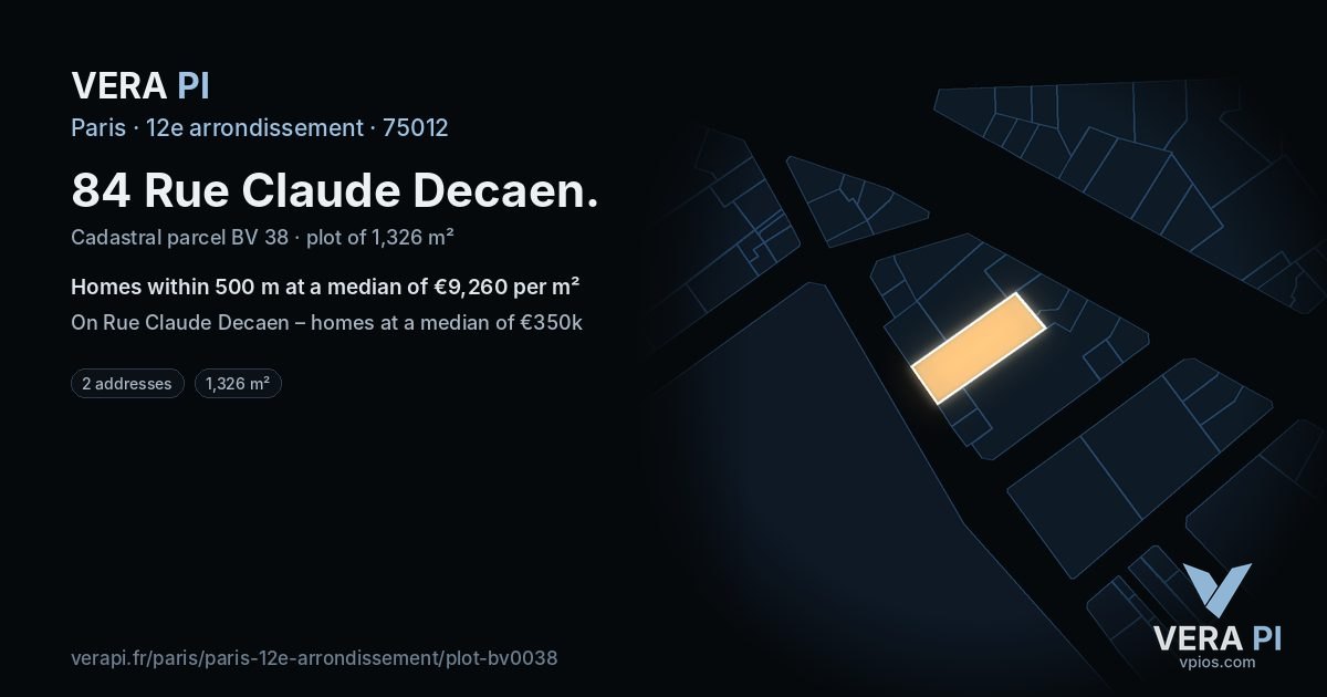84 Rue Claude Decaen, 12e arrondissement at night – the plot lit, the parcels around coloured by the prices near them