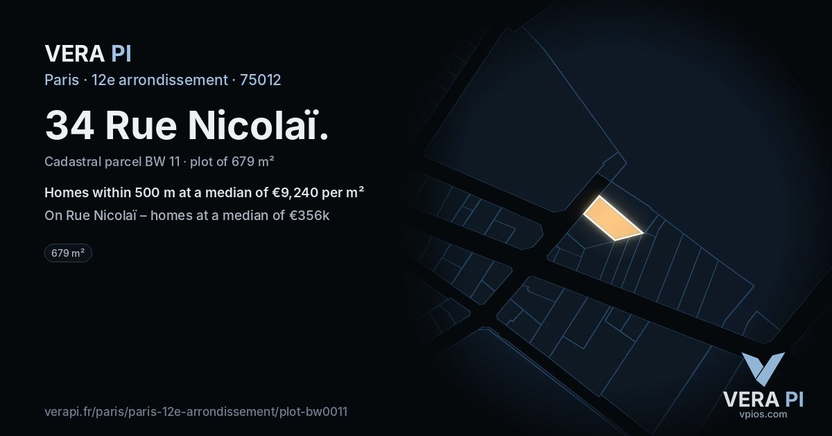 34 Rue Nicolaï, 12e arrondissement at night – the plot lit, the parcels around coloured by the prices near them