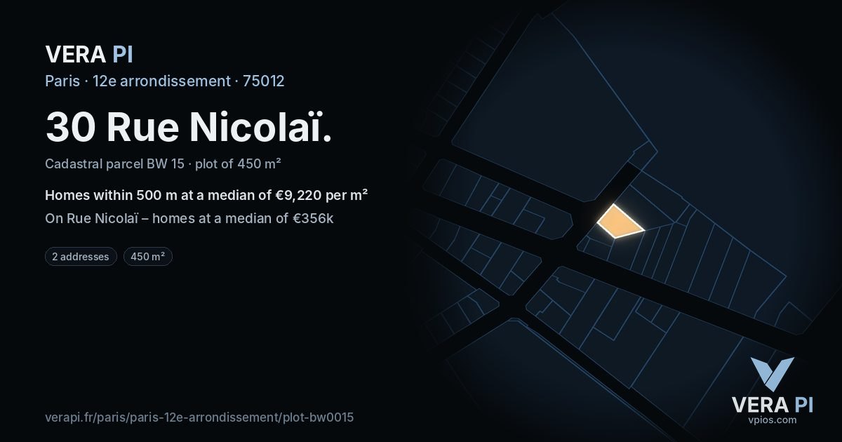 30 Rue Nicolaï, 12e arrondissement at night – the plot lit, the parcels around coloured by the prices near them