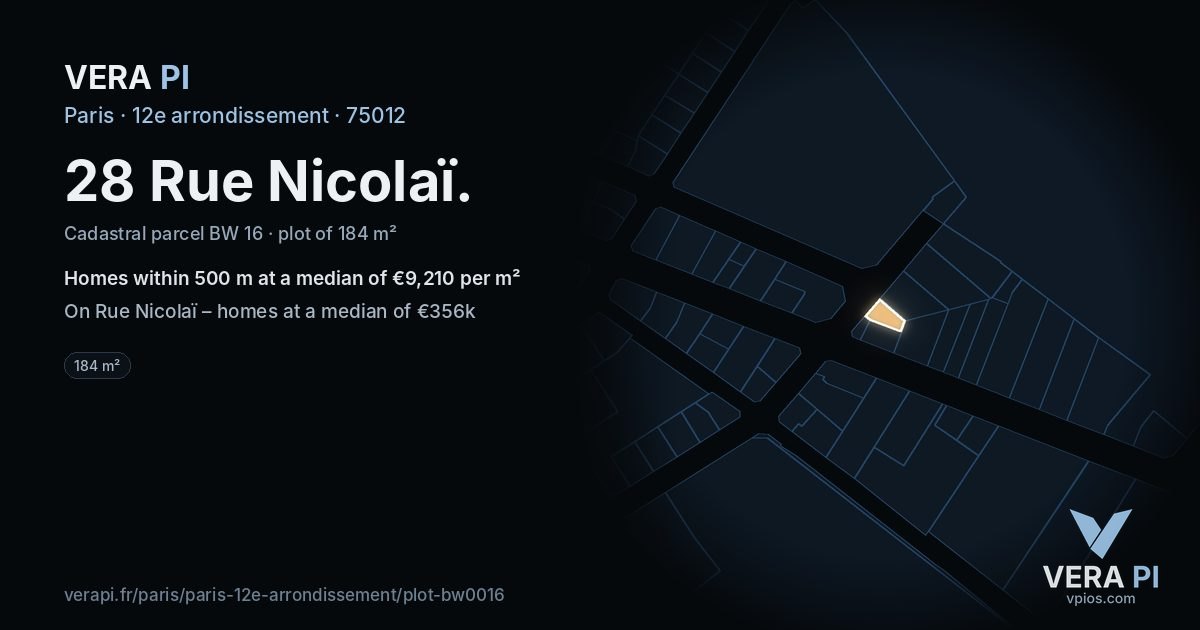 28 Rue Nicolaï, 12e arrondissement at night – the plot lit, the parcels around coloured by the prices near them