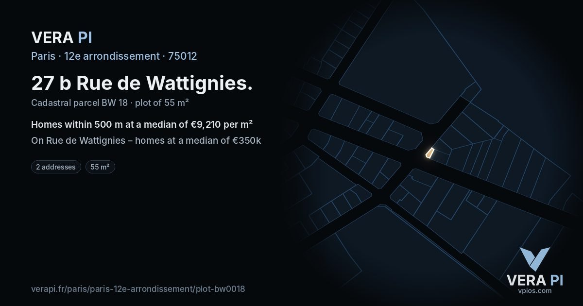 27 b Rue de Wattignies, 12e arrondissement at night – the plot lit, the parcels around coloured by the prices near them