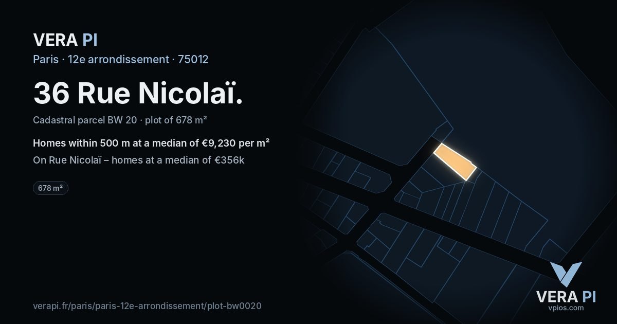 36 Rue Nicolaï, 12e arrondissement at night – the plot lit, the parcels around coloured by the prices near them