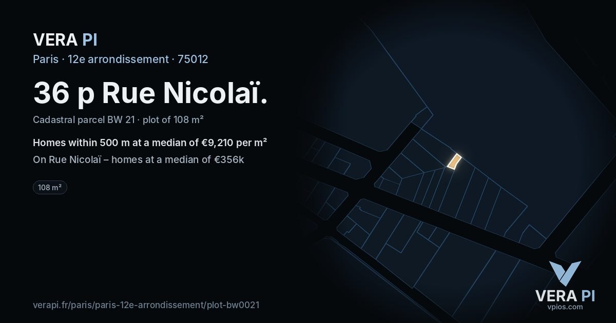 36 p Rue Nicolaï, 12e arrondissement at night – the plot lit, the parcels around coloured by the prices near them