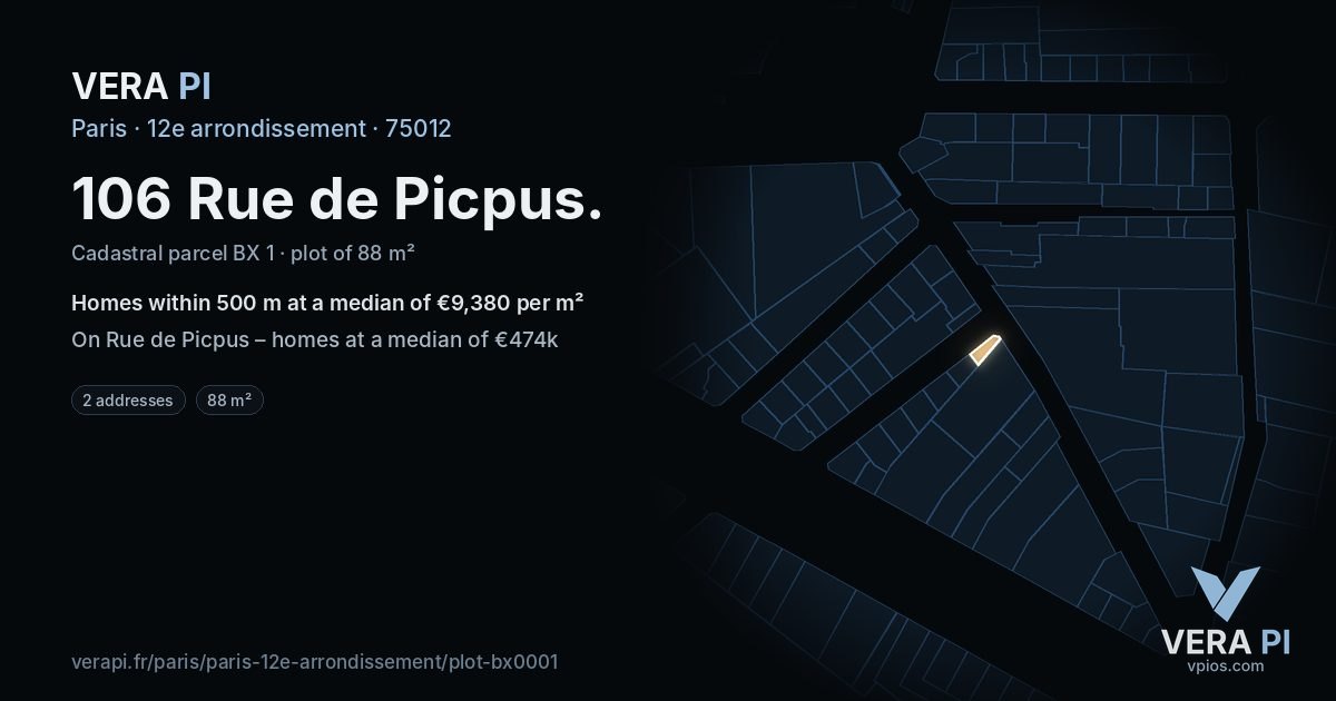 106 Rue de Picpus, 12e arrondissement at night – the plot lit, the parcels around coloured by the prices near them