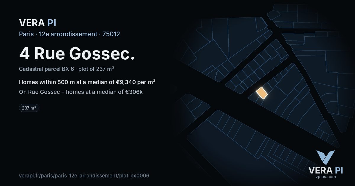 4 Rue Gossec, 12e arrondissement at night – the plot lit, the parcels around coloured by the prices near them