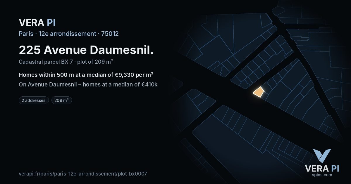 225 Avenue Daumesnil, 12e arrondissement at night – the plot lit, the parcels around coloured by the prices near them