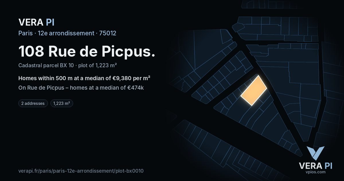 108 Rue de Picpus, 12e arrondissement at night – the plot lit, the parcels around coloured by the prices near them