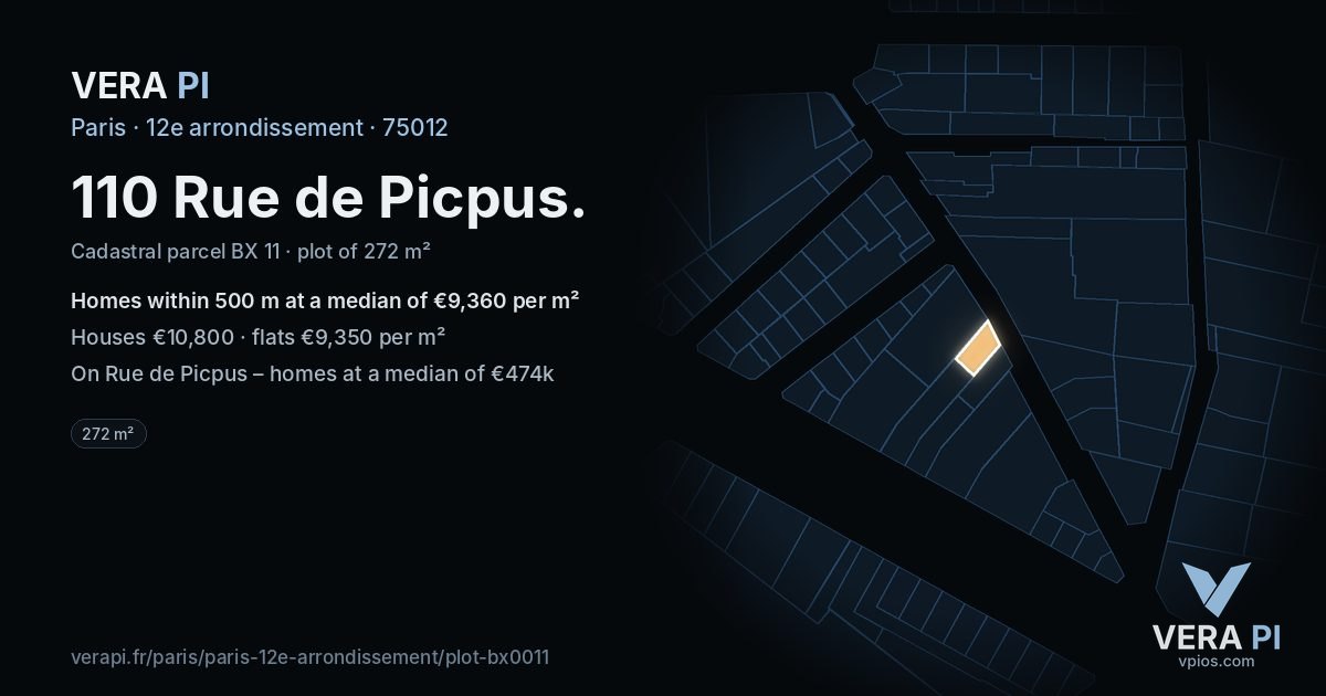 110 Rue de Picpus, 12e arrondissement at night – the plot lit, the parcels around coloured by the prices near them