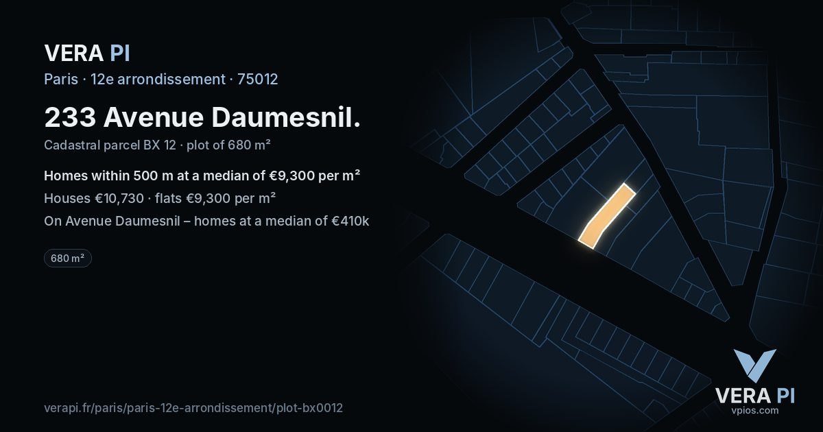 233 Avenue Daumesnil, 12e arrondissement at night – the plot lit, the parcels around coloured by the prices near them