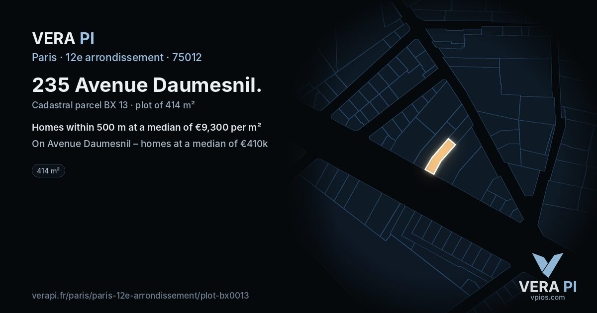 235 Avenue Daumesnil, 12e arrondissement at night – the plot lit, the parcels around coloured by the prices near them