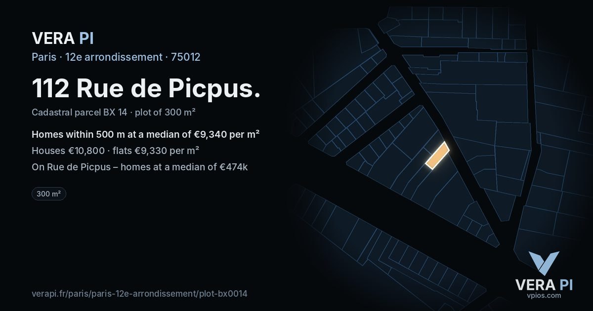 112 Rue de Picpus, 12e arrondissement at night – the plot lit, the parcels around coloured by the prices near them