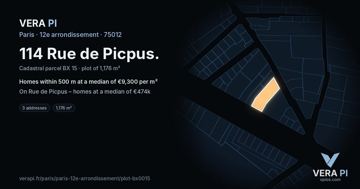 114 Rue de Picpus, 12e arrondissement at night – the plot lit, the parcels around coloured by the prices near them