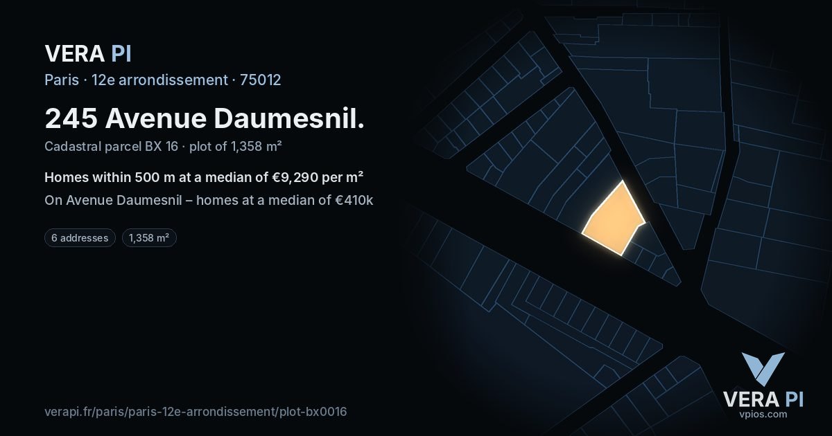 245 Avenue Daumesnil, 12e arrondissement at night – the plot lit, the parcels around coloured by the prices near them