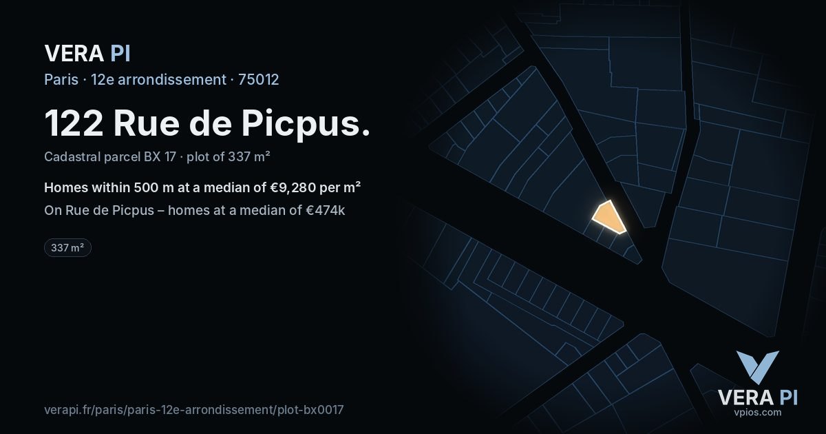 122 Rue de Picpus, 12e arrondissement at night – the plot lit, the parcels around coloured by the prices near them