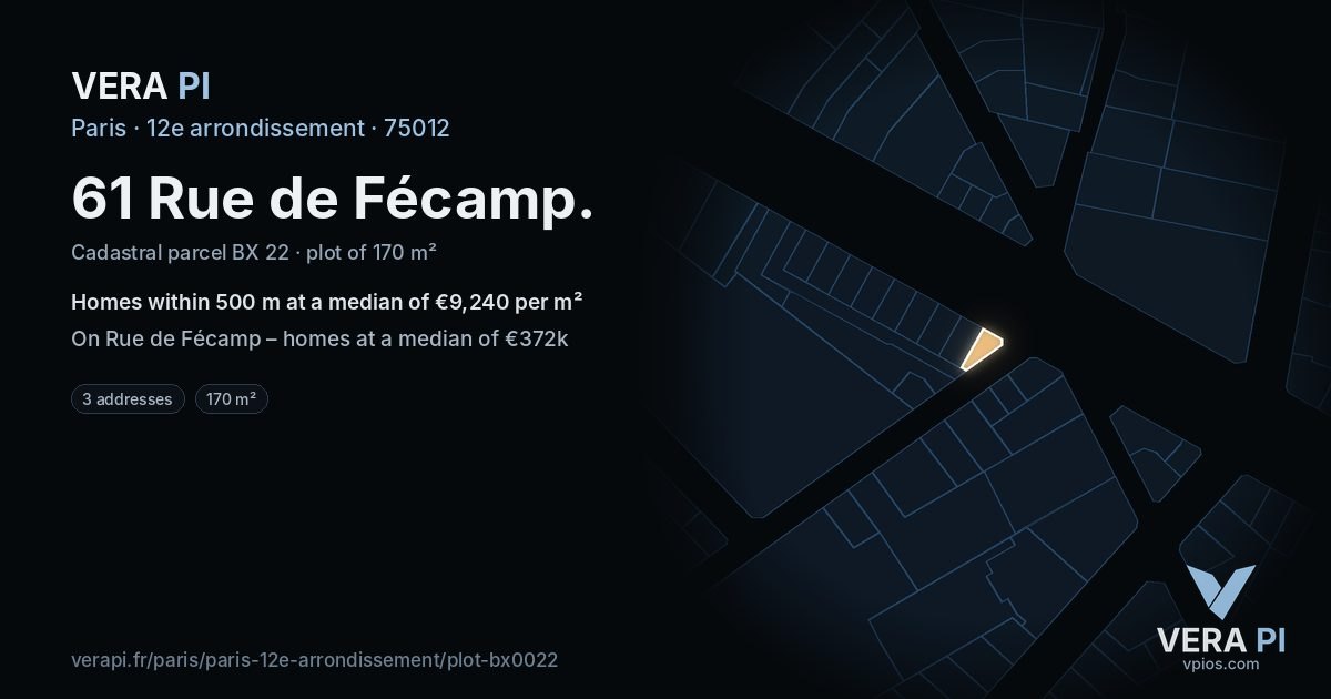 61 Rue de Fécamp, 12e arrondissement at night – the plot lit, the parcels around coloured by the prices near them