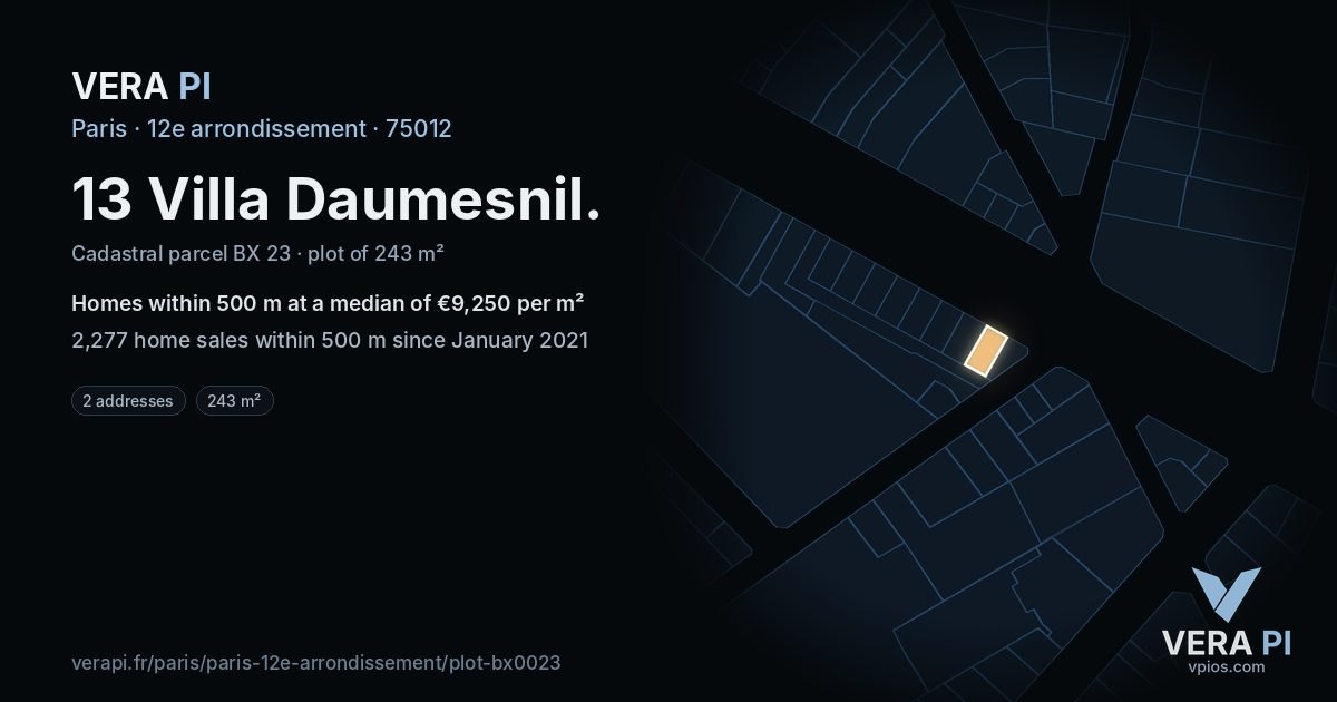 13 Villa Daumesnil, 12e arrondissement at night – the plot lit, the parcels around coloured by the prices near them