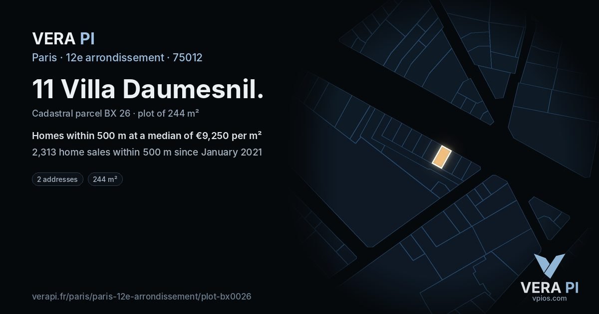 11 Villa Daumesnil, 12e arrondissement at night – the plot lit, the parcels around coloured by the prices near them
