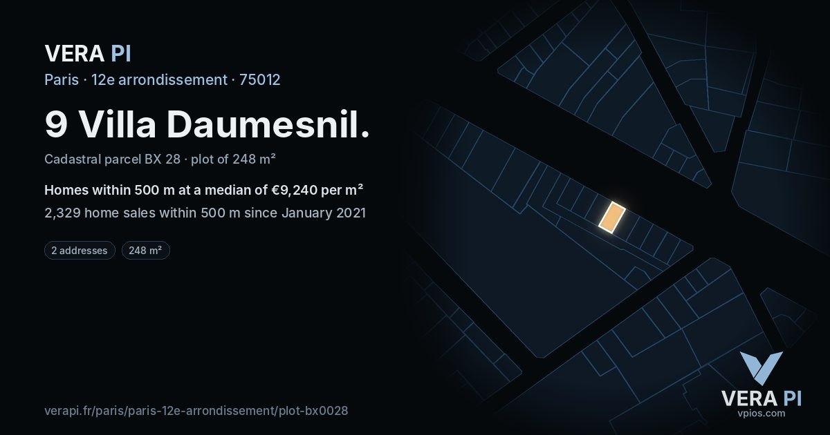 9 Villa Daumesnil, 12e arrondissement at night – the plot lit, the parcels around coloured by the prices near them