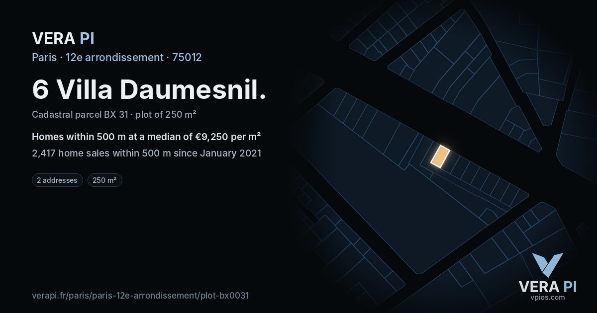 6 Villa Daumesnil, 12e arrondissement at night – the plot lit, the parcels around coloured by the prices near them