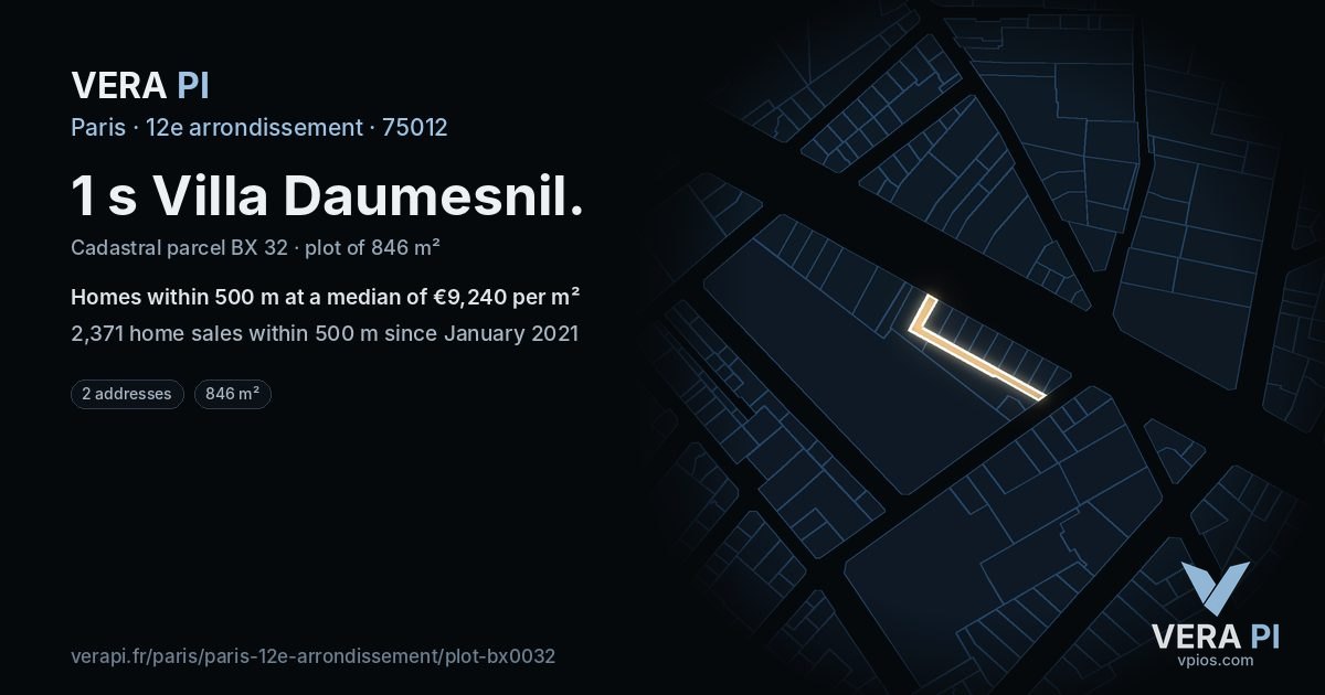 1 s Villa Daumesnil, 12e arrondissement at night – the plot lit, the parcels around coloured by the prices near them
