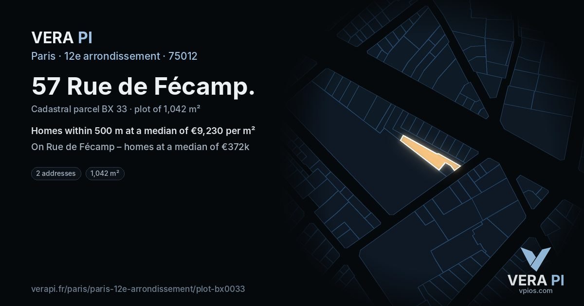 57 Rue de Fécamp, 12e arrondissement at night – the plot lit, the parcels around coloured by the prices near them