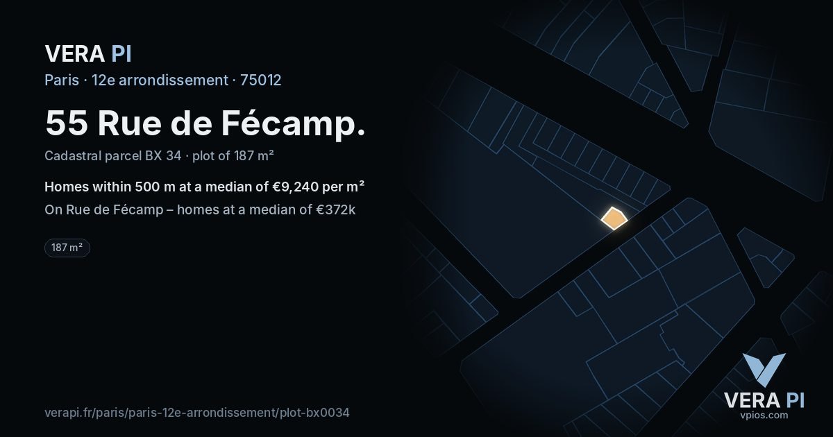 55 Rue de Fécamp, 12e arrondissement at night – the plot lit, the parcels around coloured by the prices near them
