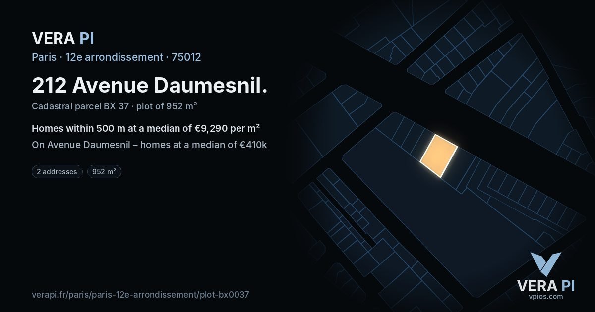 212 Avenue Daumesnil, 12e arrondissement at night – the plot lit, the parcels around coloured by the prices near them