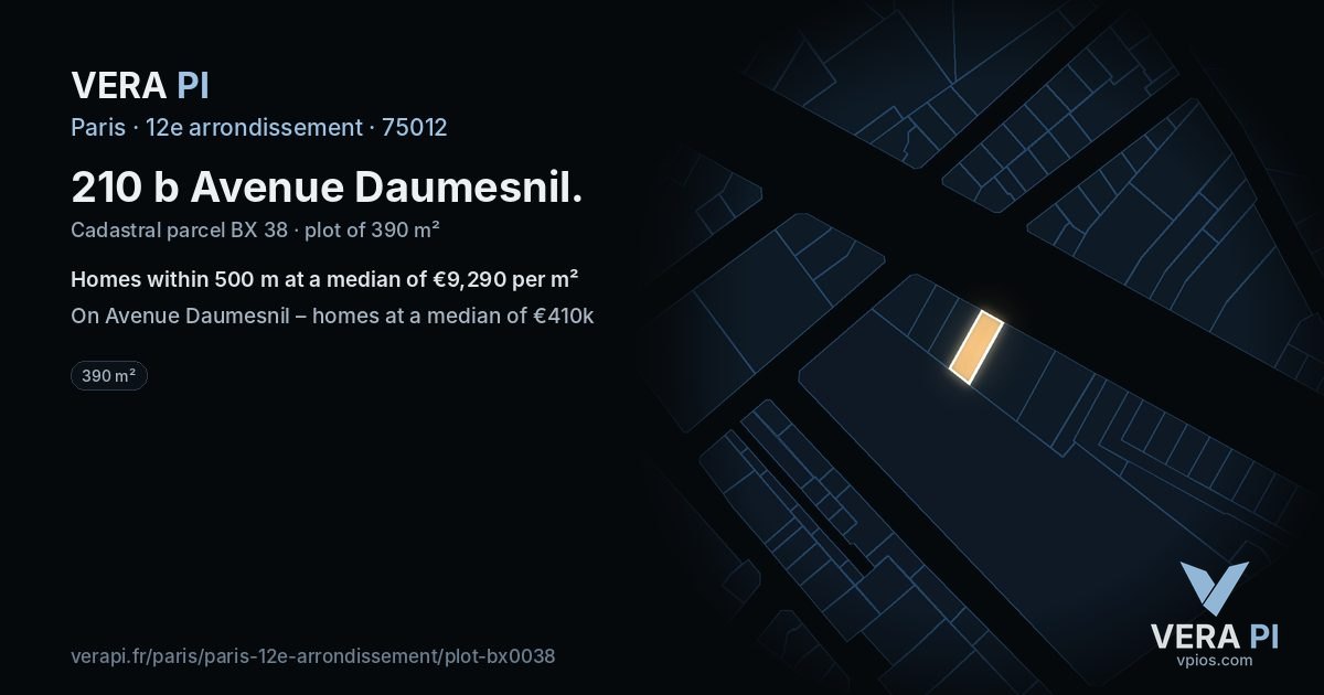 210 b Avenue Daumesnil, 12e arrondissement at night – the plot lit, the parcels around coloured by the prices near them