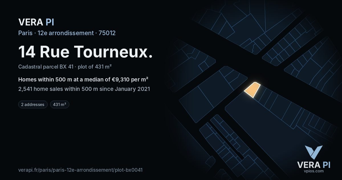14 Rue Tourneux, 12e arrondissement at night – the plot lit, the parcels around coloured by the prices near them