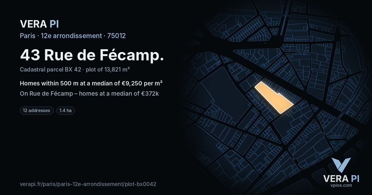 43 Rue de Fécamp, 12e arrondissement at night – the plot lit, the parcels around coloured by the prices near them