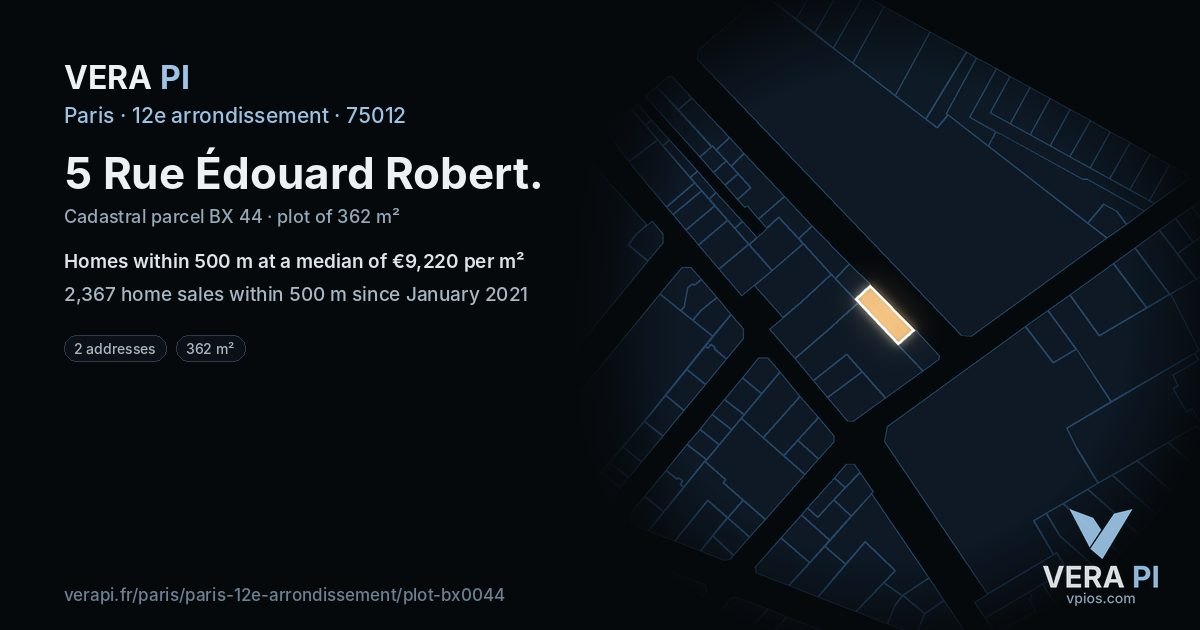 5 Rue Édouard Robert, 12e arrondissement at night – the plot lit, the parcels around coloured by the prices near them