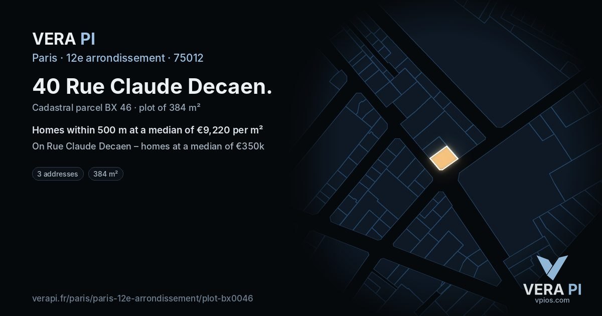40 Rue Claude Decaen, 12e arrondissement at night – the plot lit, the parcels around coloured by the prices near them