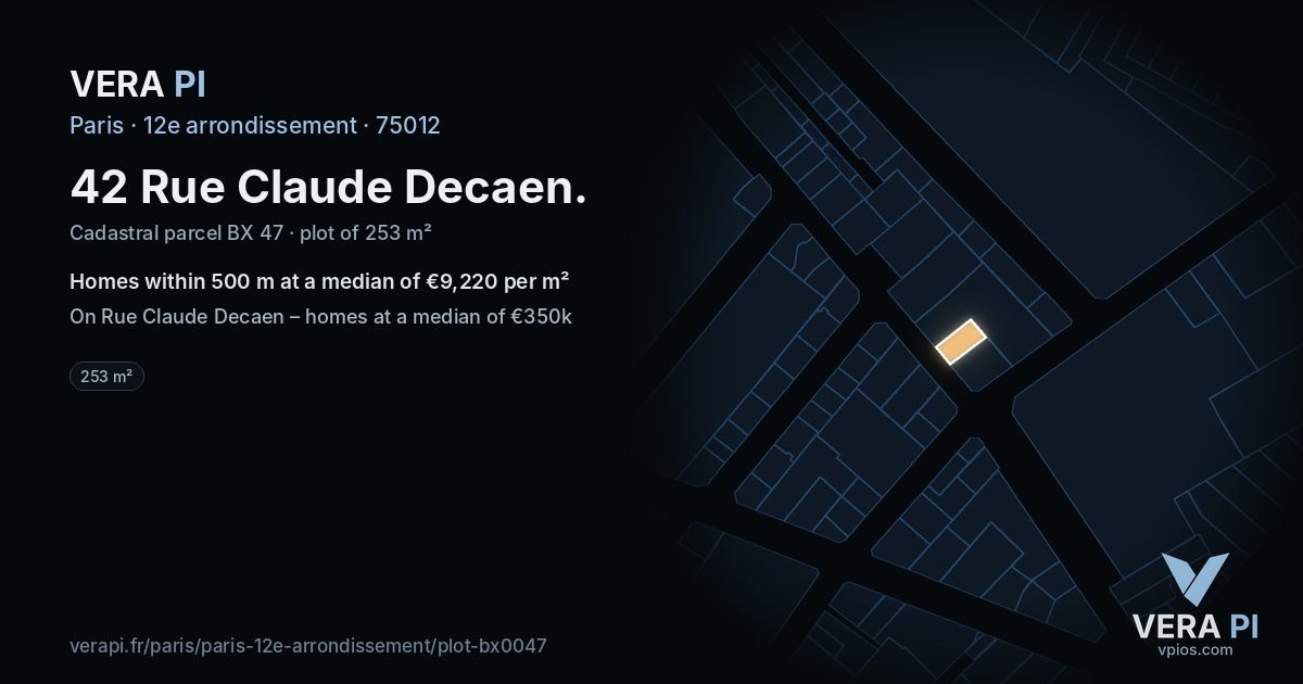 42 Rue Claude Decaen, 12e arrondissement at night – the plot lit, the parcels around coloured by the prices near them