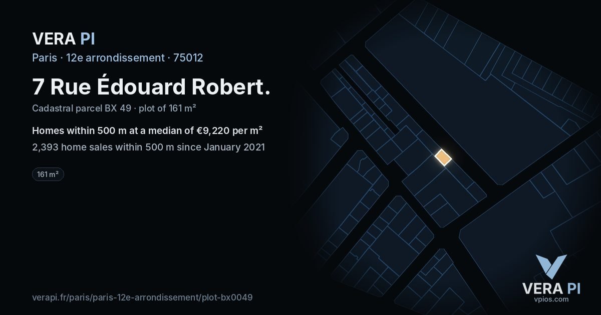 7 Rue Édouard Robert, 12e arrondissement at night – the plot lit, the parcels around coloured by the prices near them