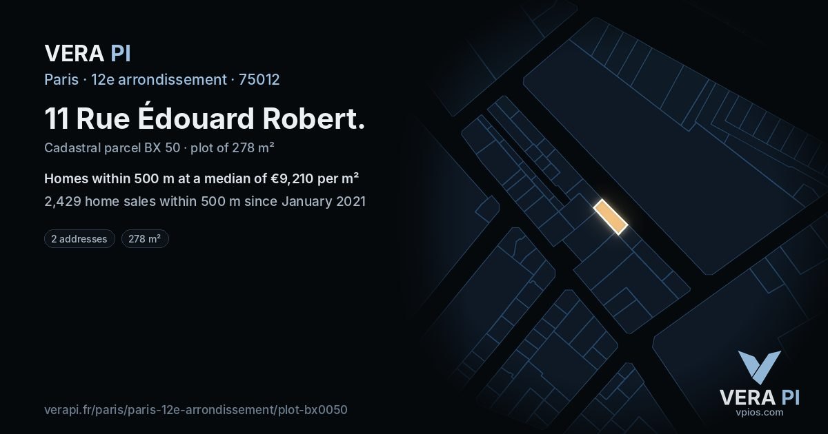 11 Rue Édouard Robert, 12e arrondissement at night – the plot lit, the parcels around coloured by the prices near them