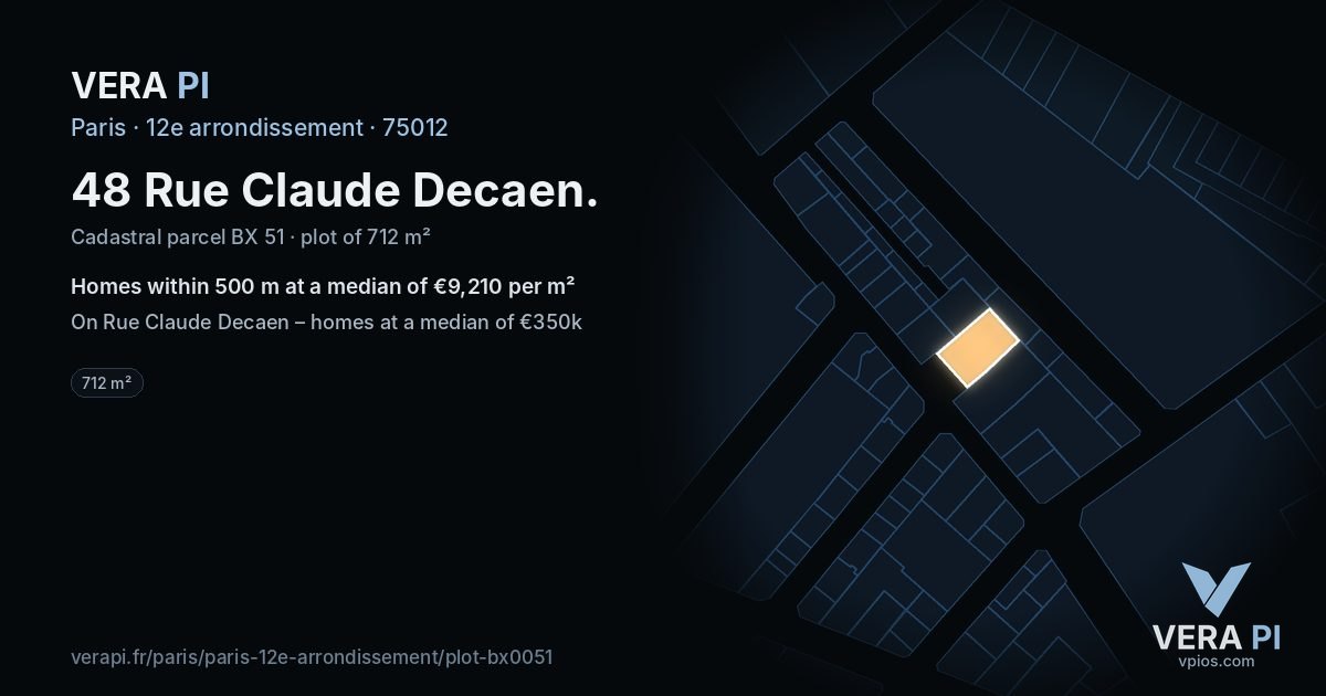 48 Rue Claude Decaen, 12e arrondissement at night – the plot lit, the parcels around coloured by the prices near them