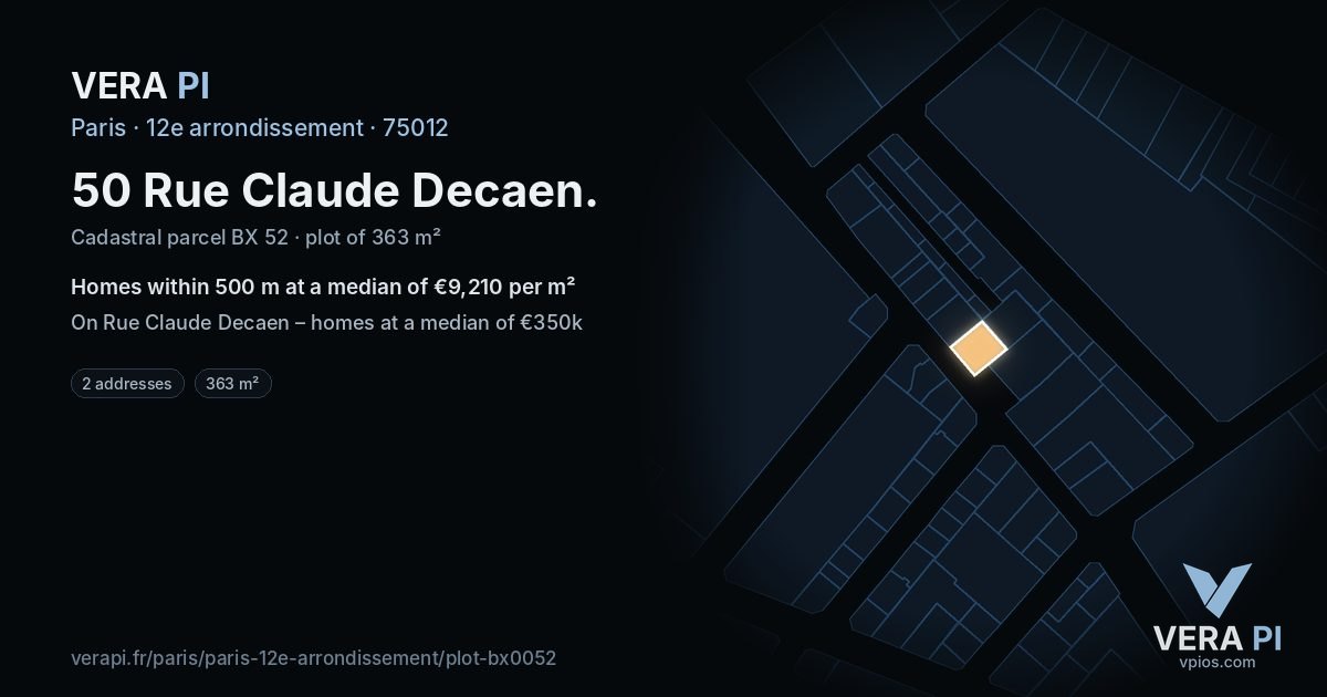 50 Rue Claude Decaen, 12e arrondissement at night – the plot lit, the parcels around coloured by the prices near them