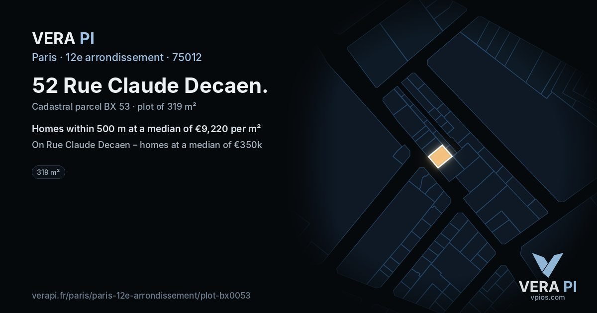52 Rue Claude Decaen, 12e arrondissement at night – the plot lit, the parcels around coloured by the prices near them