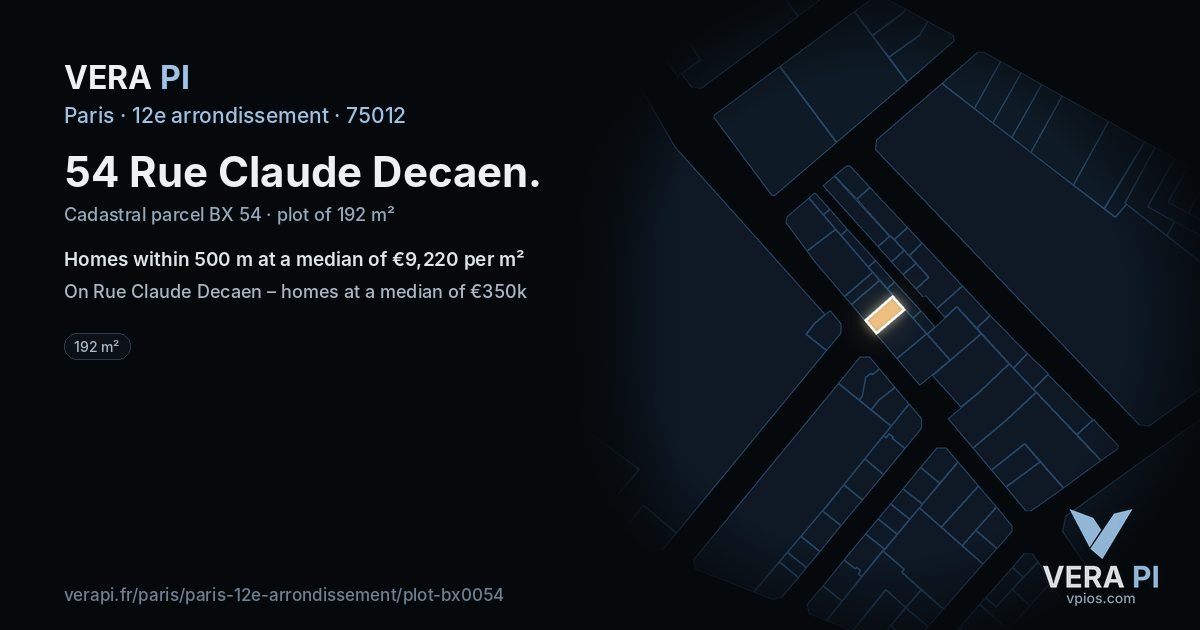 54 Rue Claude Decaen, 12e arrondissement at night – the plot lit, the parcels around coloured by the prices near them