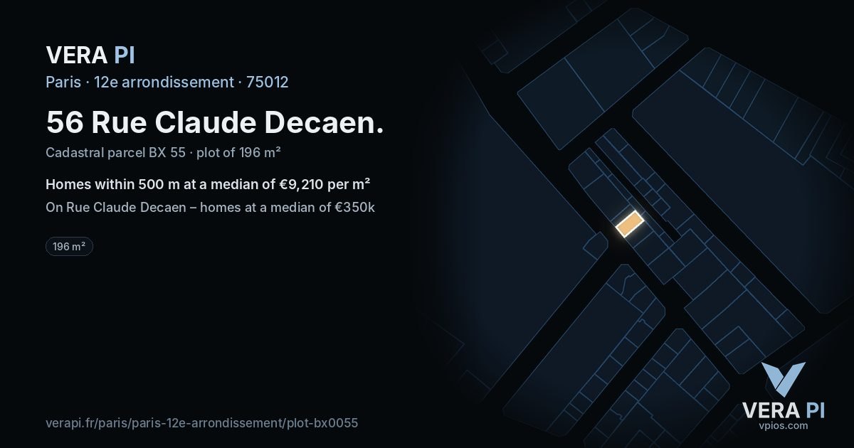 56 Rue Claude Decaen, 12e arrondissement at night – the plot lit, the parcels around coloured by the prices near them