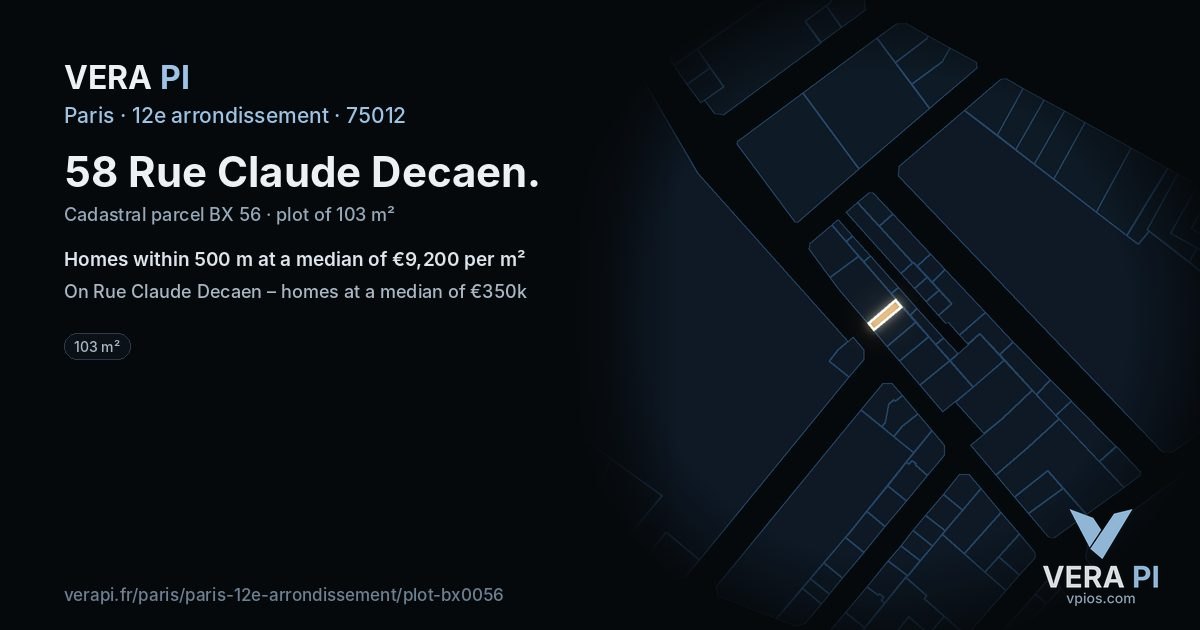 58 Rue Claude Decaen, 12e arrondissement at night – the plot lit, the parcels around coloured by the prices near them
